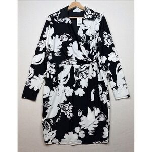 New Suzy Shier Women's Floral Black & White Cross Tie Front Dress Size L Stretch